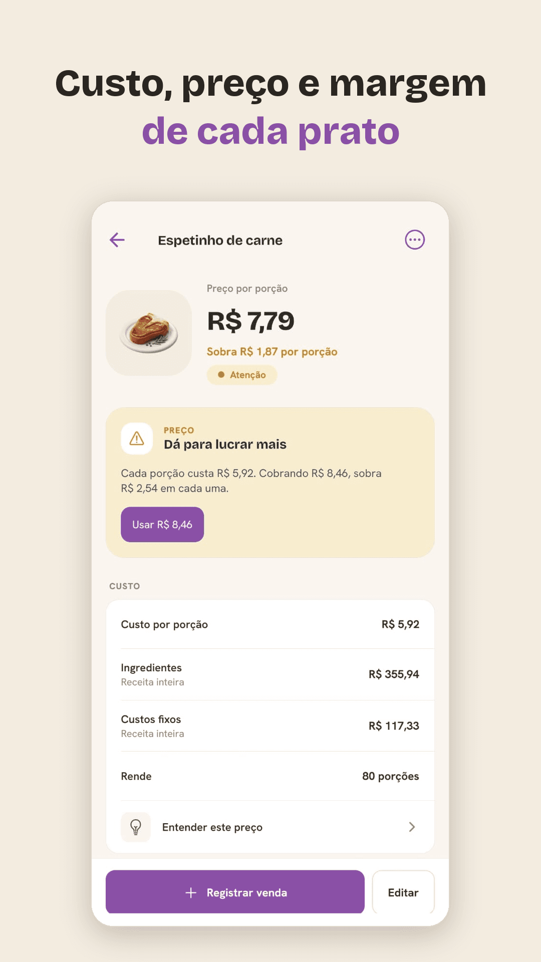 Tela de uma receita no app: preço por porção, quanto sobra e o custo por porção.